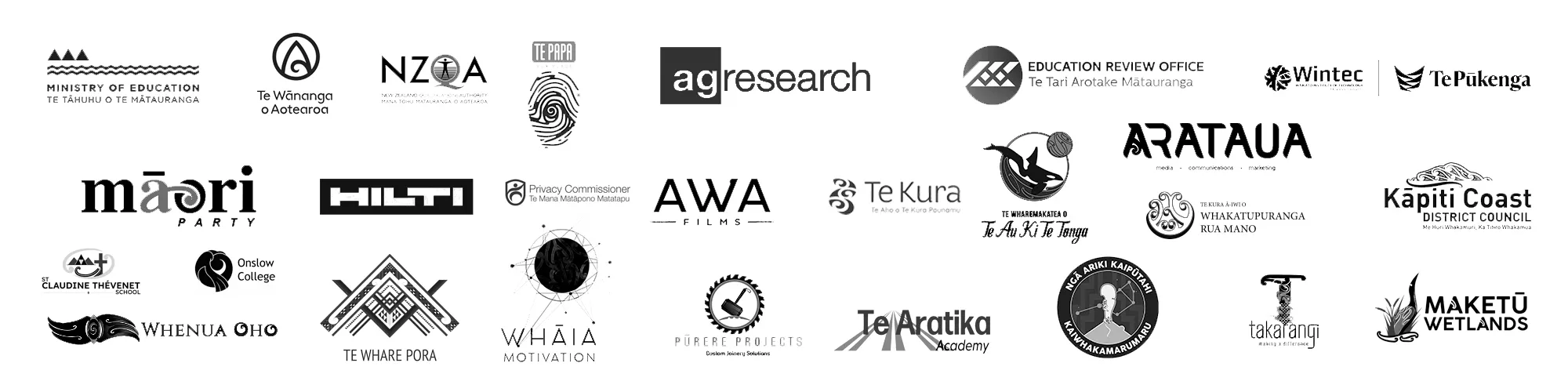 Logos of organisations Kāuru has worked with, including Ministry of Education, NZQA, Te Papa, AgResearch, ERO, Wintec, Te Pūkenga and Kāpiti Coast District Council